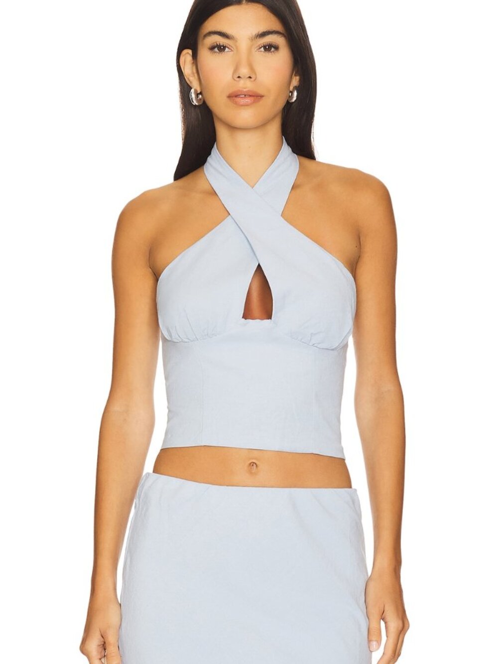 SEVEN WONDERS Billie Top in Sky Blue criss cross halter crop backless tank